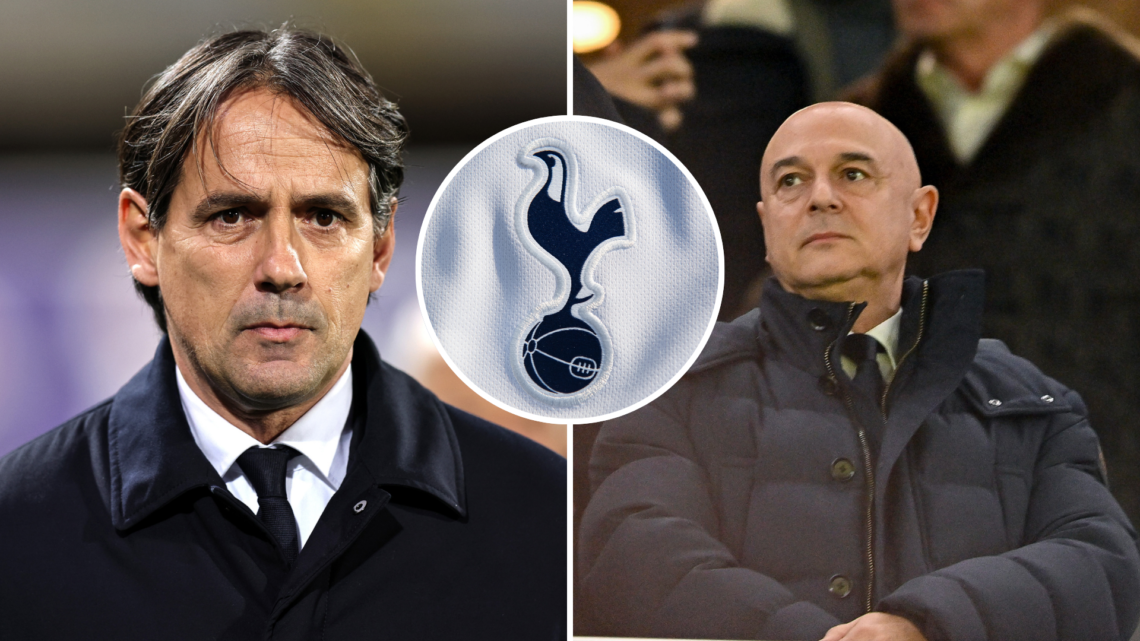 Split image of Inter Milan manager Simone Inzaghi (L) and Tottenham chairman Daniel Levy (R). Inset of Tottenham badge.