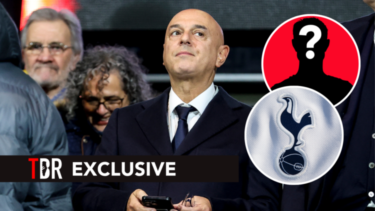 Tottenham Hotspur chairman Daniel Levy. Insets of Tottenham badge and mystery player.