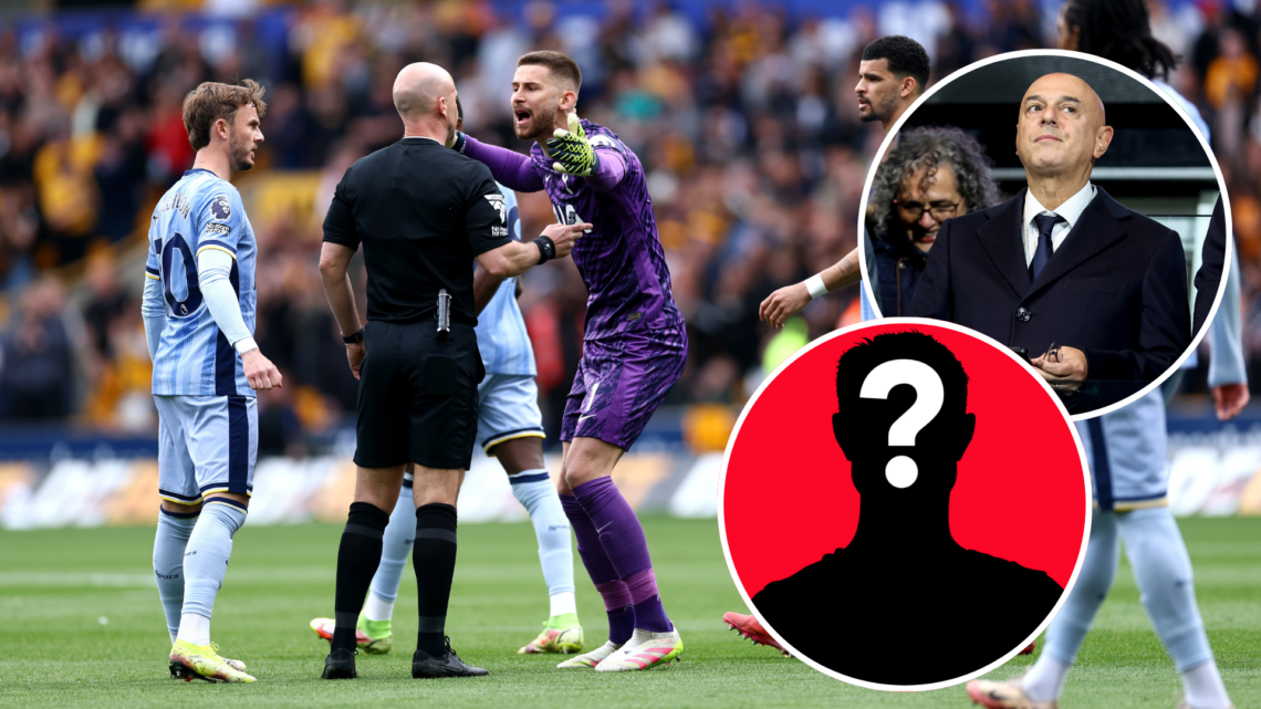 Tottenham Hotspur players complain to the referee after Wolves' first goal. Inset of Tottenham Hotspur chairman Daniel Levy and mystery player.