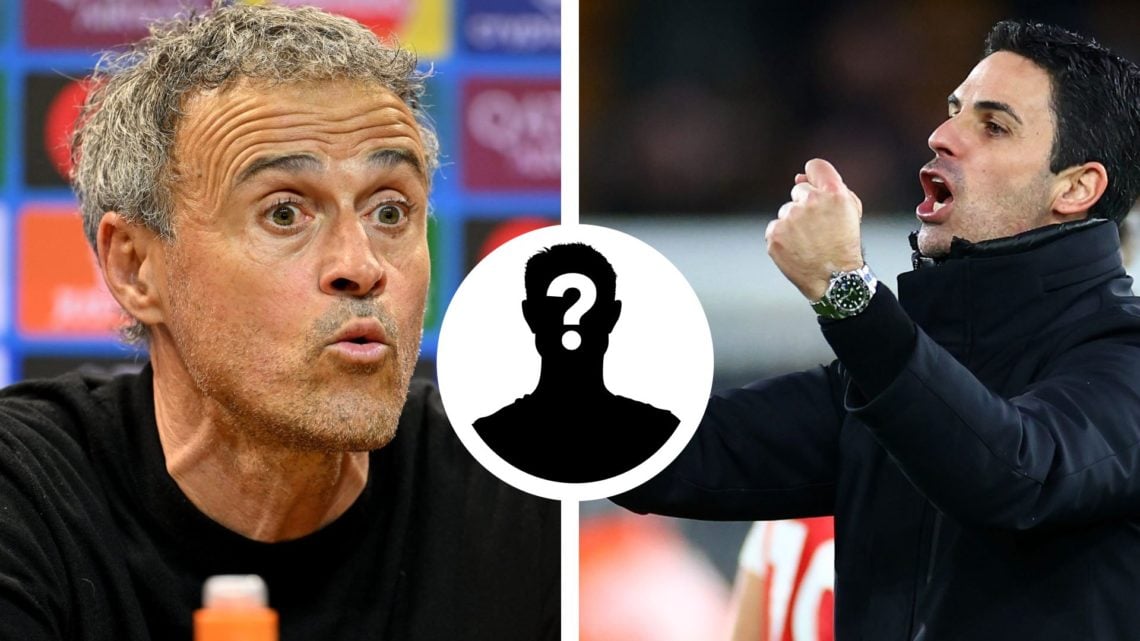 Split Image of Luis Enrique, Head Coach of Paris Saint-Germain and Arsenal manager Mikel Arteta with inset of mystery player