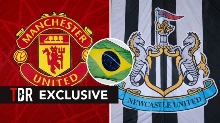 Split image of Manchester United and Newcastle United's badges. Inset, the flag of Brazil.