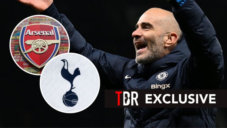 Enzo Maresca, Manager of Chelsea, celebrates following the team's victory in the Premier League match. Inset, the badges of Tottenham Hotspur and A...