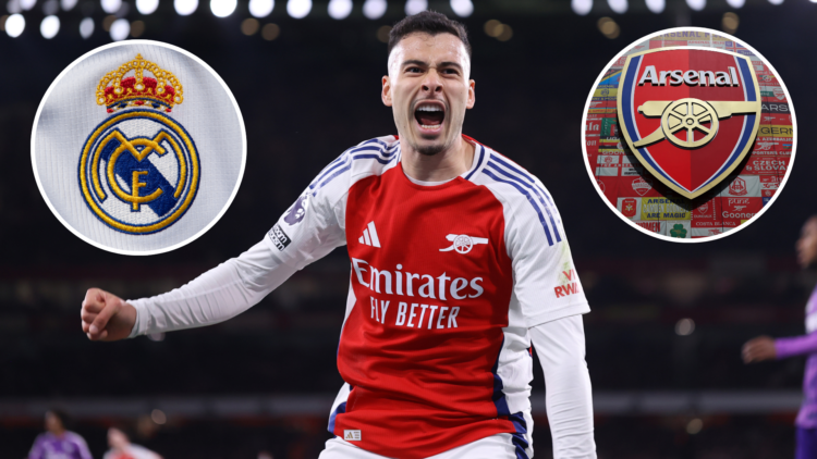 Gabriel Martinelli of Arsenal. Insets of Real Madrid badge and Arsenal badge.