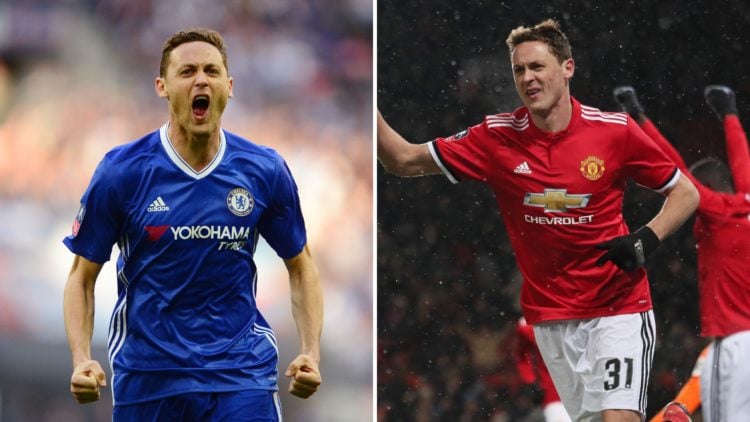 Nemanja Matic celebrating for Chelsea. Split with Matic also pointing for Manchester United.