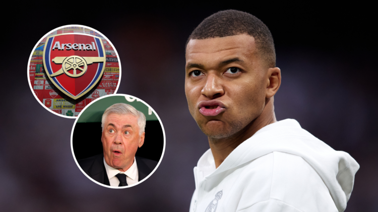 Real Madrid CF forward Kylian Mbappe. Insets of Real Madrid CF manager Carlo Ancelotti and Arsenal badge.