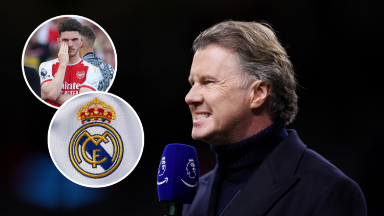 Former Real Madrid midfielder Steve McManaman. Inset of Arsenal midfielder Declan Rice and Real Madrid badge.