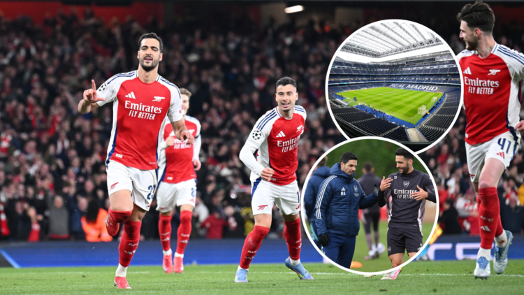 Mikel Merino celebrates Arsenal's third goal against Real Madrid. Insets of Mikel Merino and Mikel Arteta in Arsenal training and the Santiago Bern...
