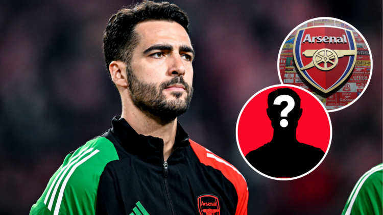 Arsenal midfielder Mikel Merino. Insets of Arsenal badge and mystery player.