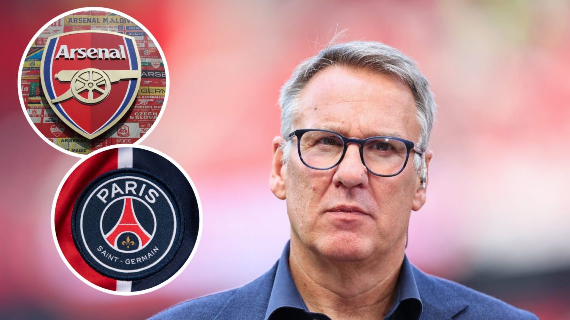 Paul Merson with insets of Detailed view of the Arsenal badge and The Paris Saint-Germain club crest
