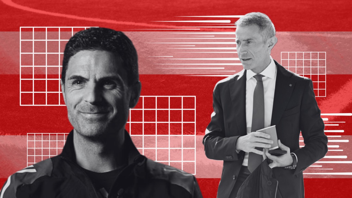 Black-and-white images of Arsenal manager and sporting director Mikel Arteta and Andrea Berta on a red, illustration background