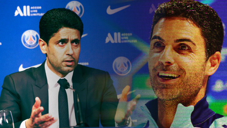 Composite image of Arsenal manager Mikel Arteta and Paris Saint-Germain president Nasser Al-Khelaifi