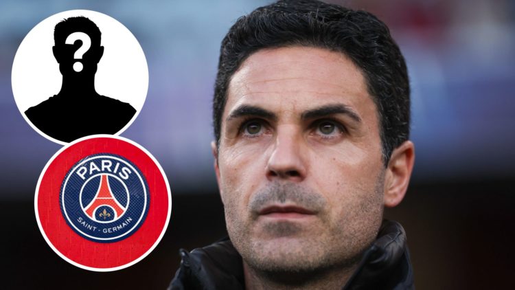 Mikel Arteta with insets of a Detailed view of the Arsenal badge and A detailed view of the badge of Paris Saint-Germain