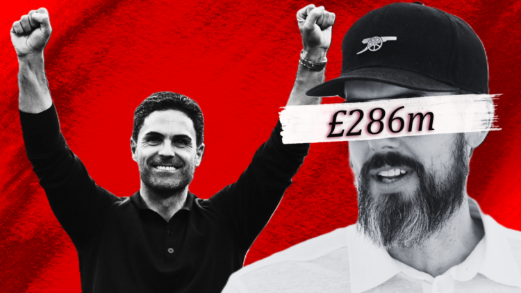 A custom image of Arsenal manager Mikel Arteta and co-owner Josh Kroenke in black and white ona red background, with '£183m' wordage