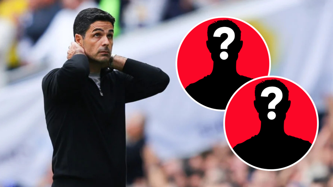 An image of Arsenal manager Mikel Arteta with his hands on his head with two mystery player insets
