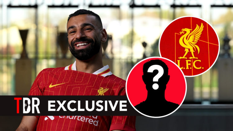 Mohamed Salah of Liverpool smiling after signing a new contract extension, with two insets a mystery player and the Liverpool badge, with a TBR Foo...