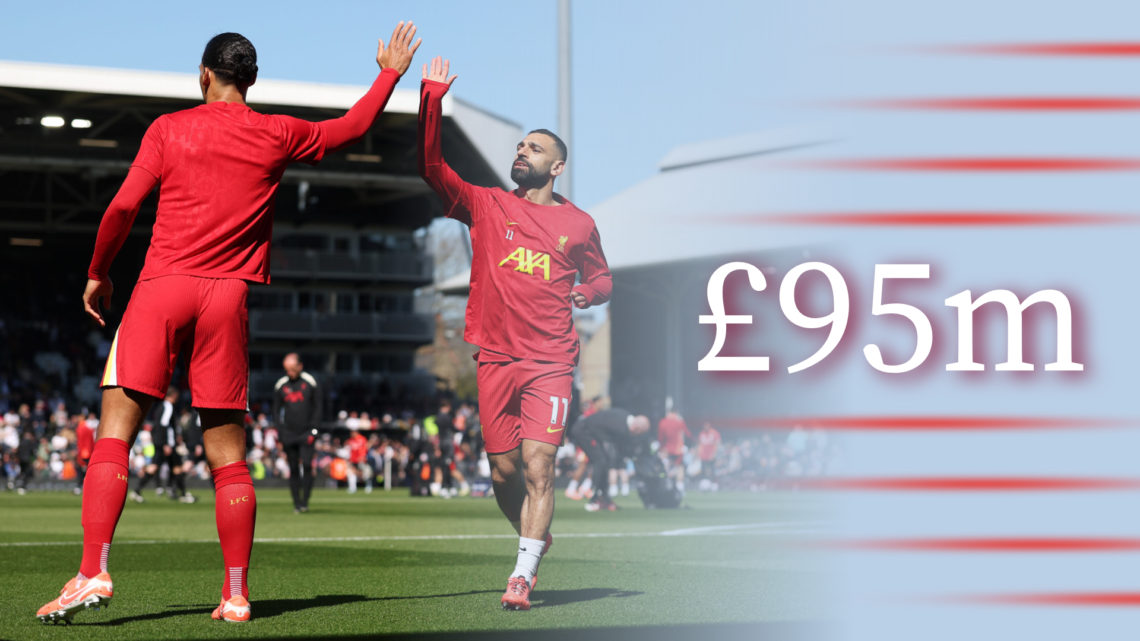 Liverpool players Mohamed Salah and Virgil van Dijk high five, with '£95m' wordage