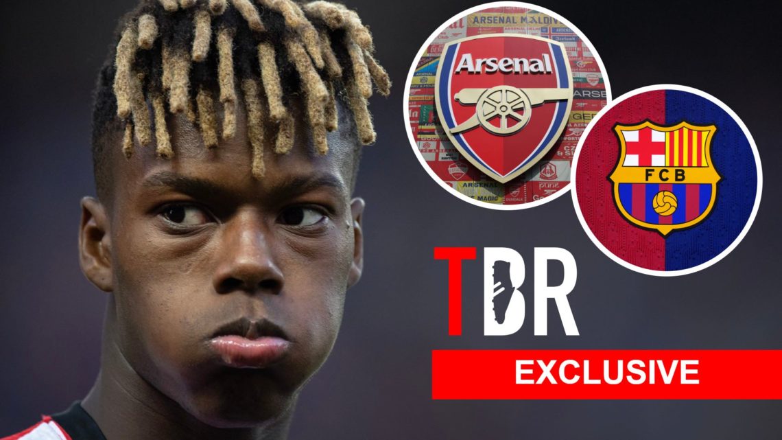 Nico Williams with insets of Arsenal and Barcelona badges with insets of TBR and Exclusive banners