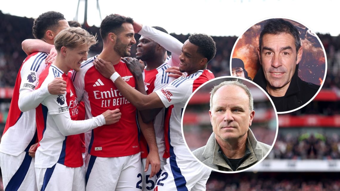 Mikel Merino of Arsenal celebrates scoring his team's first goal with teammates Martin Odegaard, Thomas Partey and Jurrien Timber during the Premie...