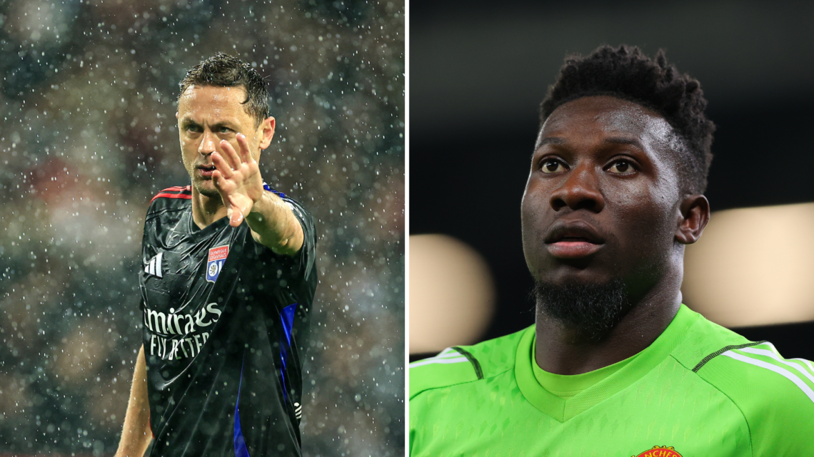 Split image of Lyon midfielder Nemanja Matic (L) and Manchester United goalkeeper Andre Onana (R).