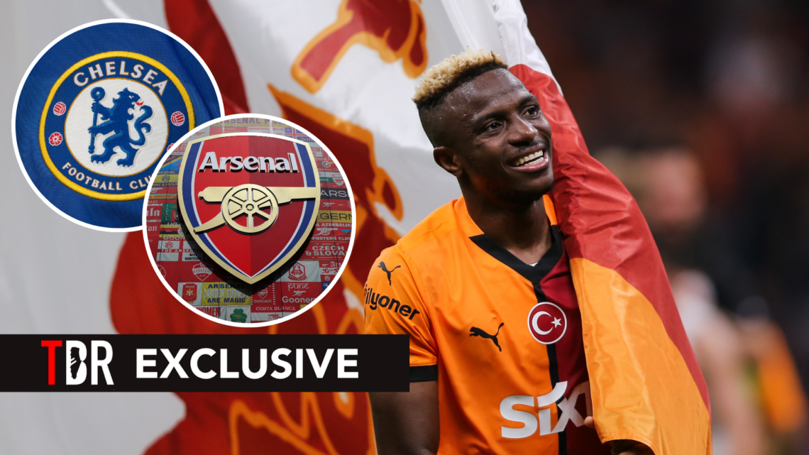 Galatasaray striker Victor Osimhen. Insets of Arsenal badge and Chelsea badge.