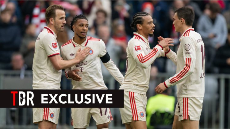 Leroy Sane of FC Bayern München celebrates with team mates Joao Palhinha, Harry Kane and Michael Olise after scoring his team's third goal during t...