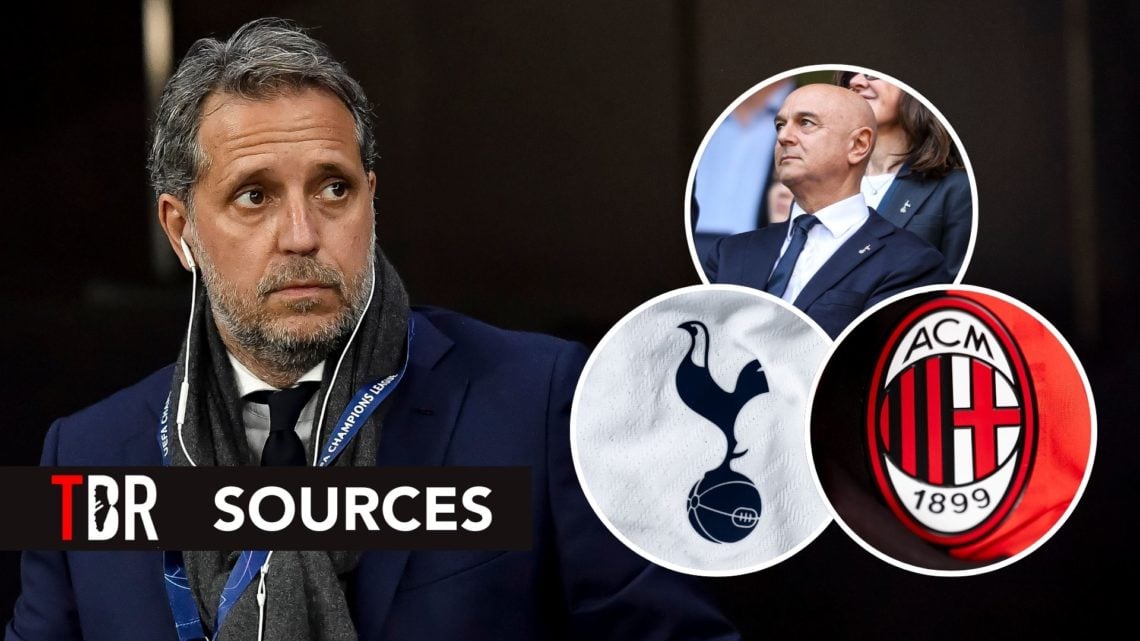 Image of Fabio Paratici with inset images of Daniel Levy, the AC Milan and Tottenham Hotspur crest with a TBR Sources banner