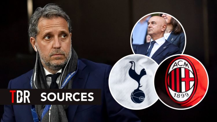 Image of Fabio Paratici with inset images of Daniel Levy, the AC Milan and Tottenham Hotspur crest with a TBR Sources banner