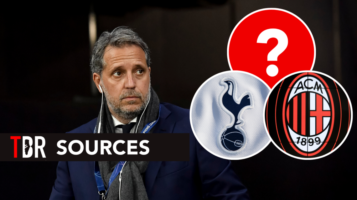 Former Tottenham Hotspur sporting director Fabio Paratici. Insets of AC Milan badge, Tottenham badge and question mark.