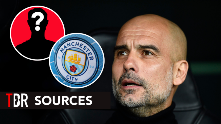 Manchester City manager Pep Gurdiola. Insets of Man City badge and mystery player.