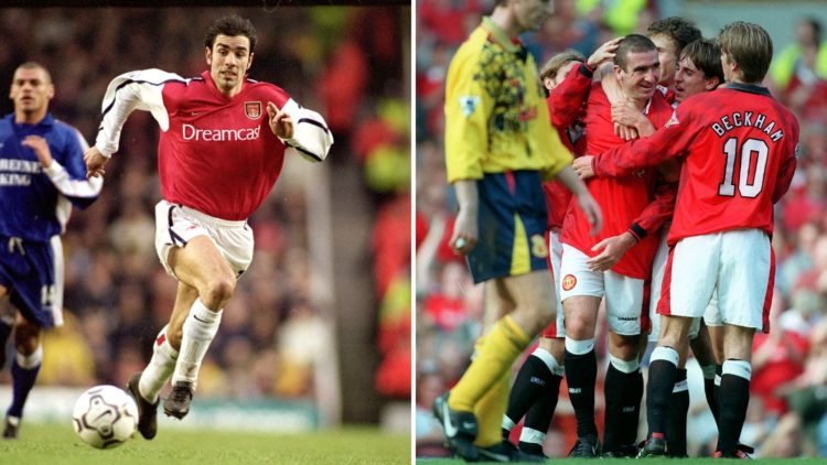Robert Pires of Arsenal runs with the ball during the FA Carling Premiership match, and Eric Cantona, Garry Neville and David Beckham of Manchester...