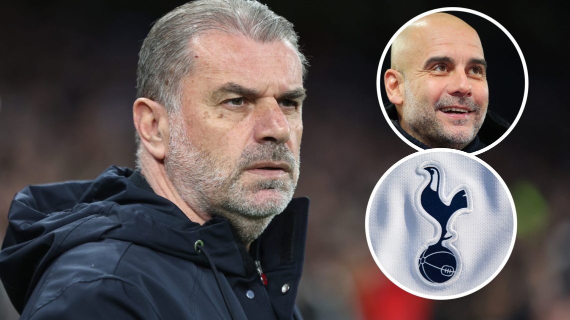 Tottenham Hotspur manager Ange Postecoglou and insets of Pep Guardiola the manager of Manchester City and The Tottenham Hotspur club crest