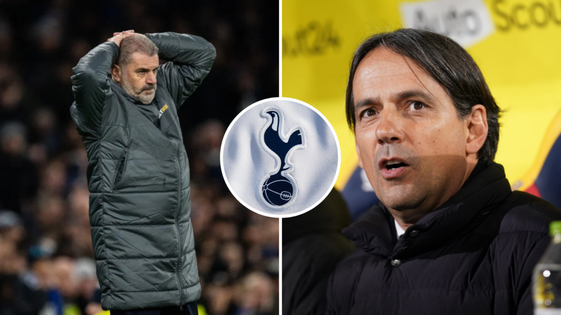 Split image of (L) Ange Postecoglou looking dejected during a Tottenham game and (R) Simone Inzaghi looking on during an Inter Milan game, with an ...