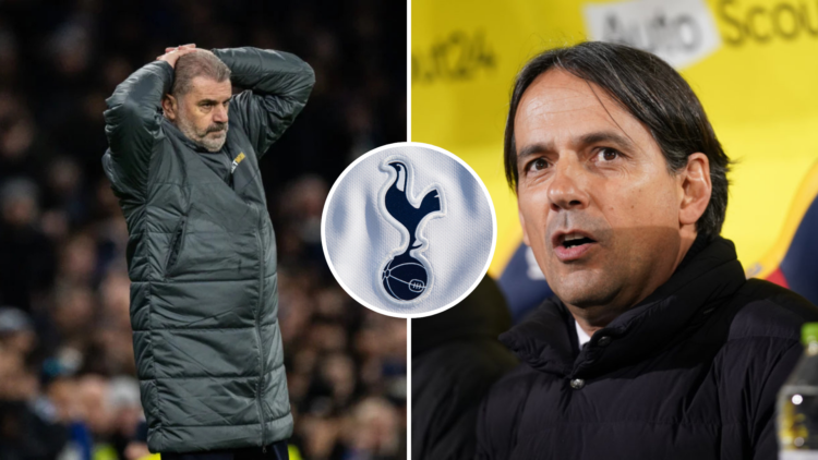 Split image of (L) Ange Postecoglou looking dejected during a Tottenham game and (R) Simone Inzaghi looking on during an Inter Milan game, with an ...