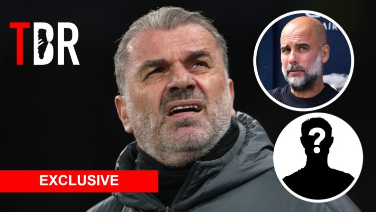 Ange Postecoglou with inset of mystery player, Pep Guardiola and Exclusive banner