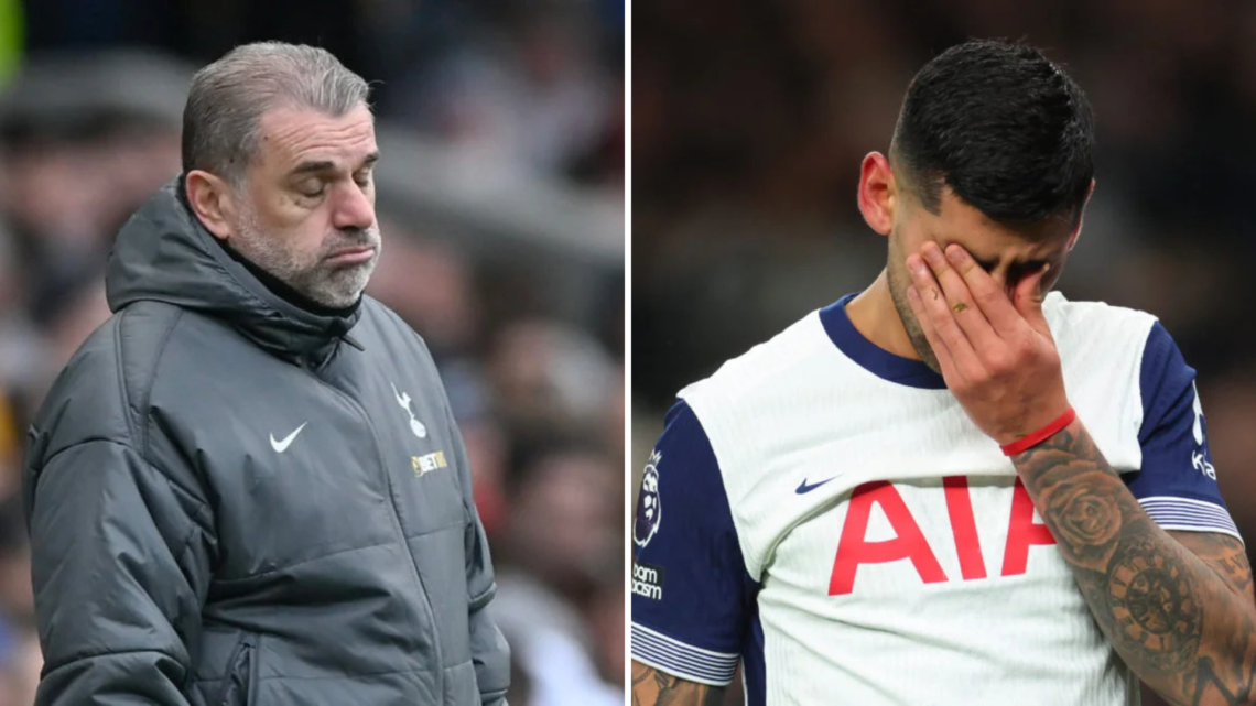 Split image of (L) Tottenham manager Ange Postecoglou looking dejected and (R) Cristian Romero looking upset