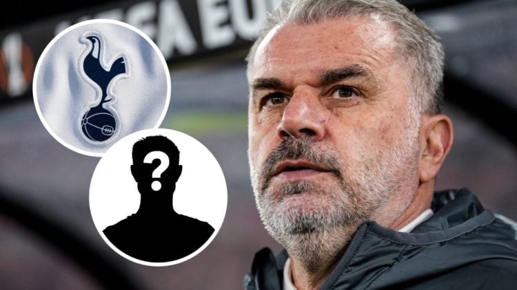 Tottenham Hotspur head coach Ange Postecoglou with insets of mystery player and The Tottenham Hotspur club crest