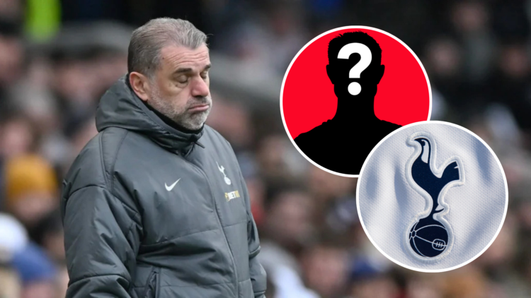 Image of Tottenham manager Ange Postecoglou looking dejected with insets of the Tottenham badge and a mystery person