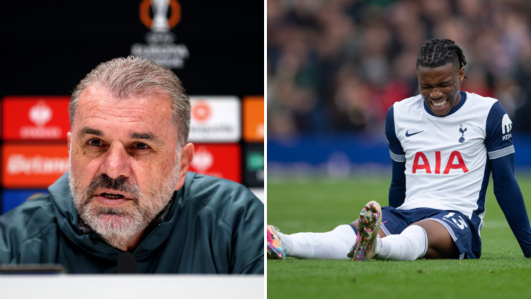 Split image of (L) Ange Postecoglou in a Tottenham press confernece and (R) Destiny Udogie looking in pain