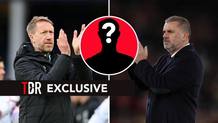 Split image of West Ham United manager Graham Potter (L) and Tottenham Hotspur manager Ange Postecoglou. Inset of mystery player.