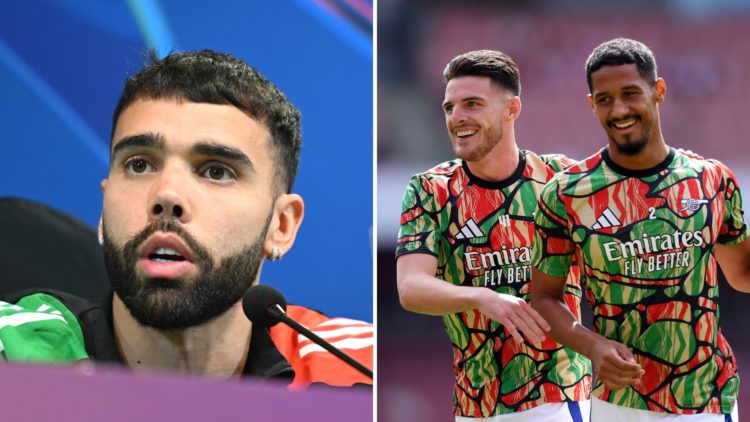 Split Image of David Raya of Arsenal during the UEFA Champions League and Declan Rice and William Saliba of Arsenal warm up prior to the Premier Le...