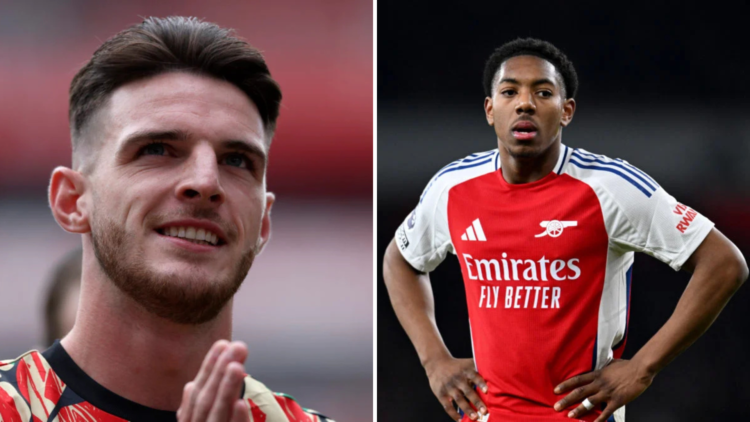 A split image of (L) Declan Rice applauding next to (R) Myles Lewis-Skelly during an Arsenal game