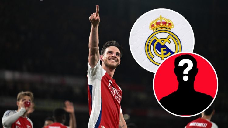 Declan Rice of Arsenal celebrates scoring his team's second goal and insets of A detailed view of the badge of Real Madrid CF and mystery player
