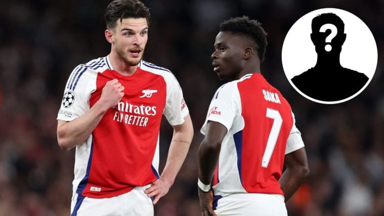 Declan Rice of Arsenal speaks with Bukayo Saka with inset of mystery player