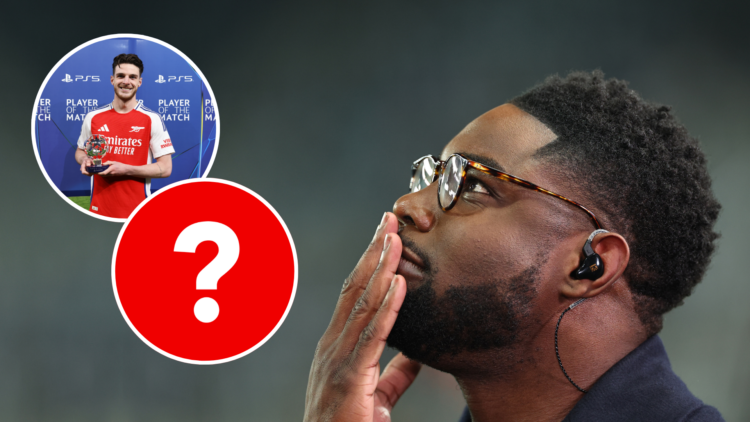 Micah Richards. Inset of Arsenal midfielder Declan Rice and question mark.