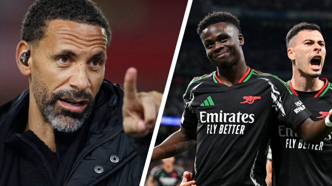 Split Image of Bukayo Saka of Arsenal celebrates scoring his team's first goal and Rio Ferdinand TV Pundit on the side line