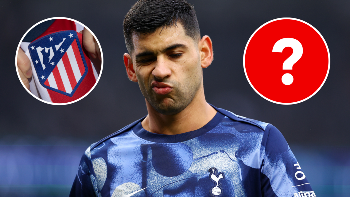 Tottenham Hotspur defender Cristian Romero. Insets of Atletico Madrid badge and question mark.
