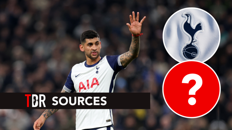 Tottenham Hotspur defender Cristian Romero. Inset of Tottenham badge and question mark.
