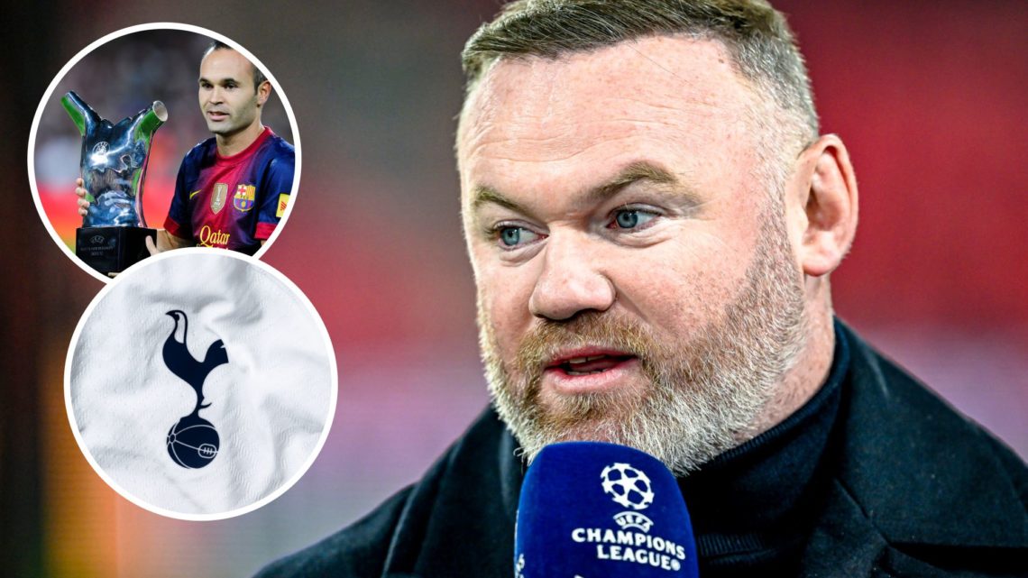 Wayne Rooney participates in the match between PSV and Arsenal and insets of A detailed view of the badge of Tottenham Hotspur and Andres Iniesta o...