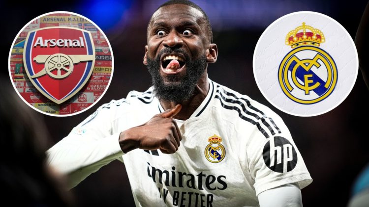 Antonio Rüdiger of Real Madrid celebrates after winning the penalty competition and insets of A detailed view of the badge of Real Madrid CF and De...