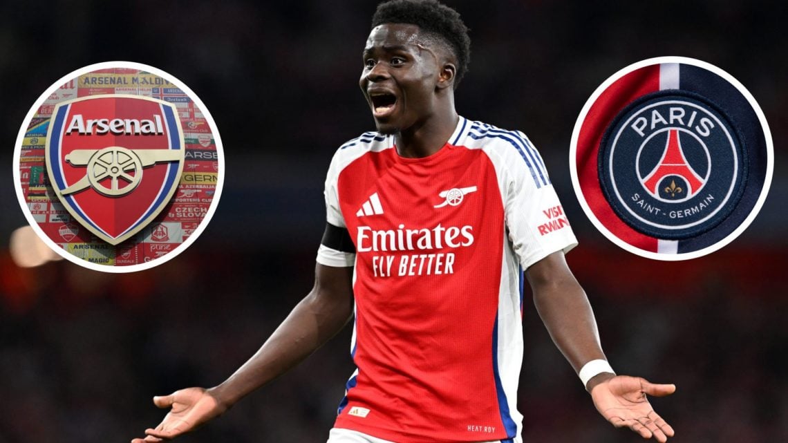 Bukayo Saka with inset of Detailed view of the Arsenal badge and The Paris Saint-Germain club crest